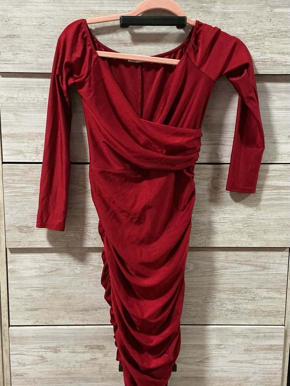 Ruched Wrap-Front Long Sleeve Red Dress